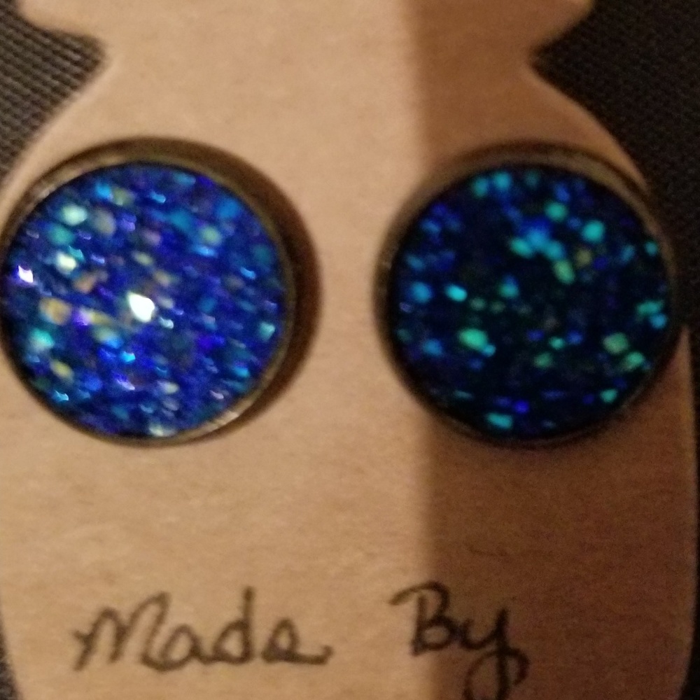 Blue Druzy Earrings in Antique Bronze